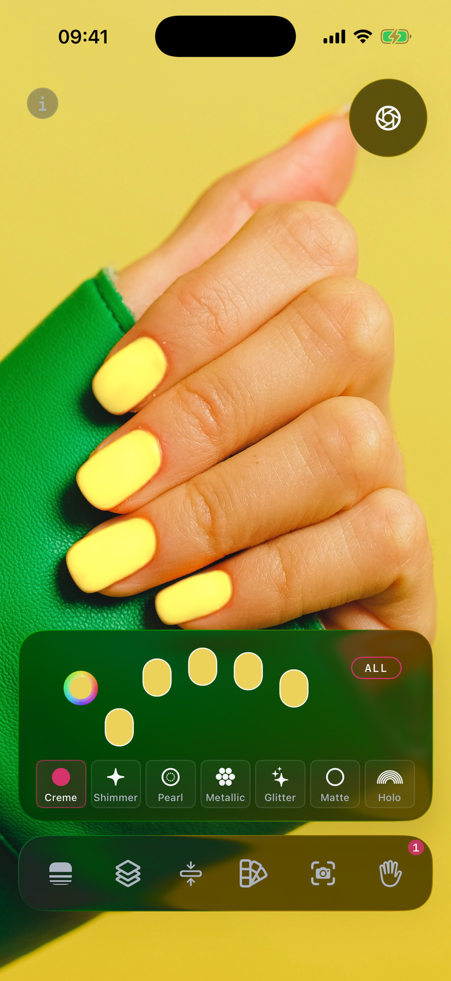 orange polish rendered against a green leather sleeve